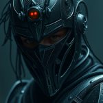 AI interface creating fantasy character for text RPG, neural network merging with medieval knight, dark cinematic atmosphere