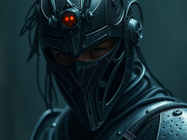 AI interface creating fantasy character for text RPG, neural network merging with medieval knight, dark cinematic atmosphere
